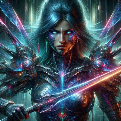The primary subject of the image is a woman with a futuristic appearance, wearing a metallic outfit and holding a sword. She has a striking blue-green hair color and is surrounded by a futuristic setting. The visual style of the image is digital art, with the woman's outfit and the sword being the main focus. The colors and mood of the image are dark and mysterious, with the woman's blue-green hair and the metallic outfit adding to the futuristic atmosphere.